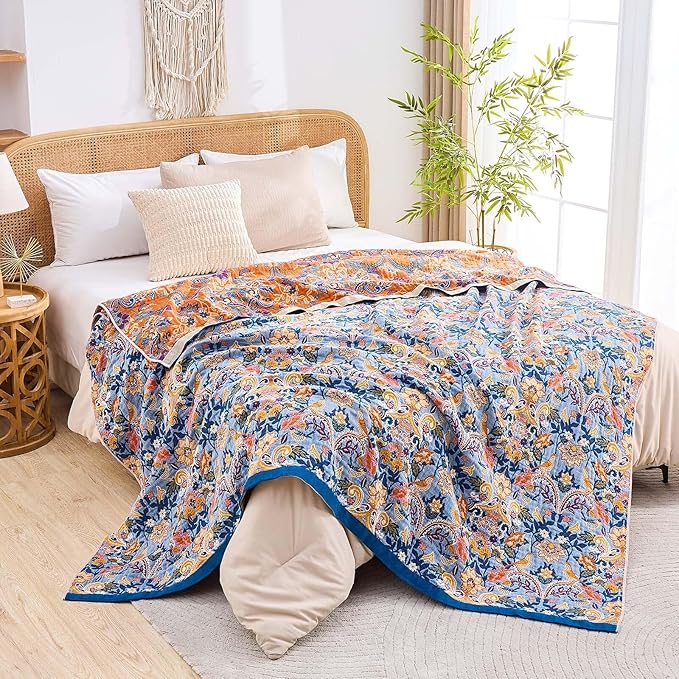 Boho Throw Blanket for Bed, 100% Cotton Soft Rustic Quilt Fall Blanket, 90"x98" Floral Printed Farmhouse Decor Bed Blankets, All Season Rustic Reversible Bohemian Throw Quilt
