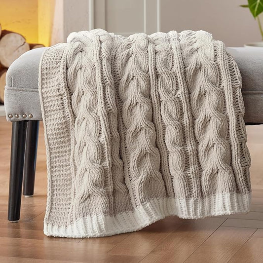 Bedsure Cable Knit Twin Blanket for Couch Bed - Breathable Chenille Chunky Knit Twin Blanket for Decorative Gift, GentleSoft Cozy and Warm for Winter and All Seasons, Beige, 60x80 Inches