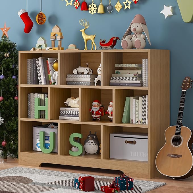 Book Shelf, 10 Cubes Storage Organizer, 3-Tier Open Shelf Wooden Bookcase, Freestanding Log Bookshelf Cube Shelf for Bedroom, Living Room, Home Office