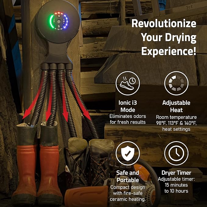 Hedgehog Octopus Portable Heavy Ski Boot Dryer for Work Boots and Shoes, Wall Mounted Fast 2 Pair Shoe Dryer Fan Dries in Minutes, Removes Sweat & Odor, Tornado Mode, Adjustable Heat, Black