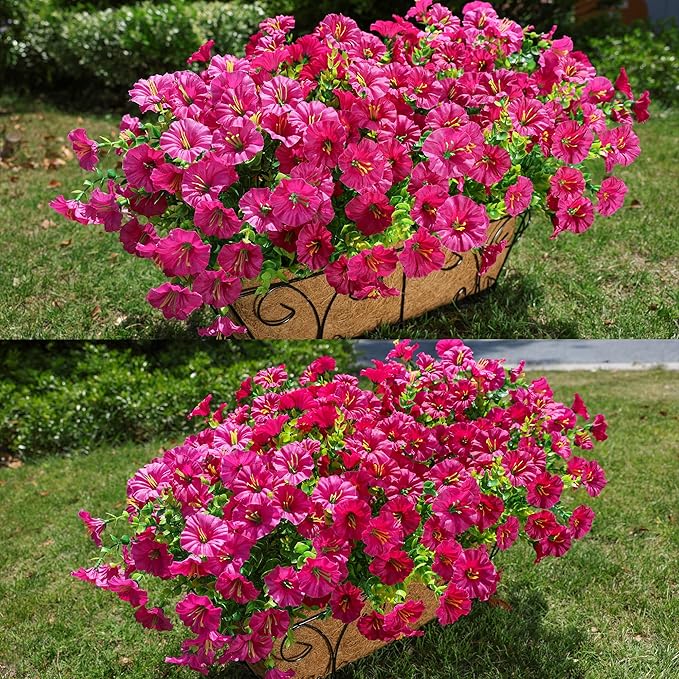 Artificial Flowers for Outdoors Fake Plants, 12 Bundles Faux Fuchsia Morning Glory UV Resistant Look Real Silk Flowers for Outside Planter Front Door Porch Patio Yard Fall Autumn Decoration