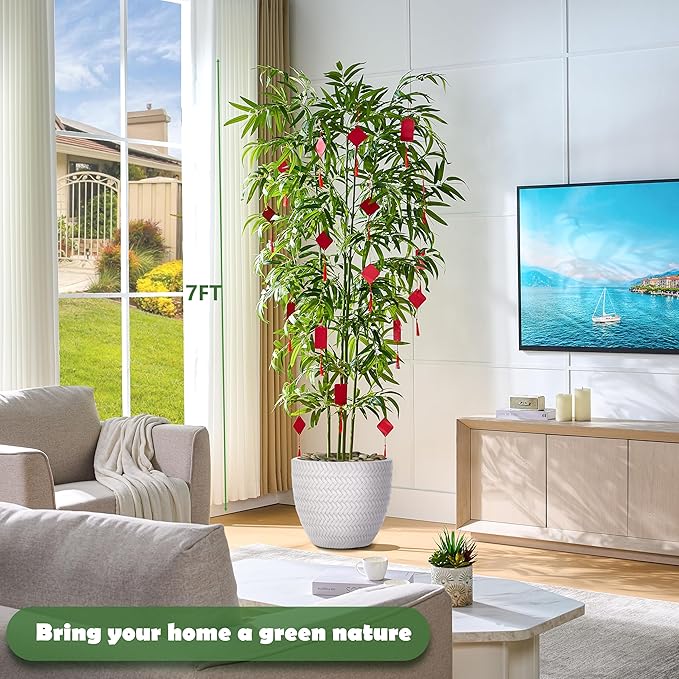 Artificial Tree Fake Plants, Artificial Bamboo Tree 7FT Tall in White Potted, Artificial Tree Indoor Decor Bamboo Silk Tree with Natural Wood Trunk, for Home Office Living Room Modern