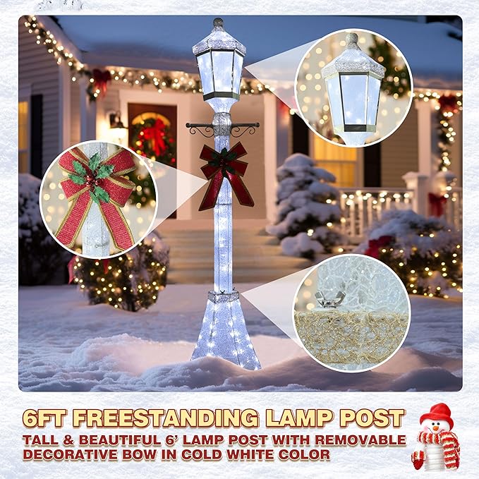 BlueWish 6FT Christmas Decorations Outdoor, Pre-Lit Lighted Xmas Decor with Removable Decorative Bow, Lighted Post Christmas Decoration with Waterproof Lights Cold White for Outdoor and Indoor