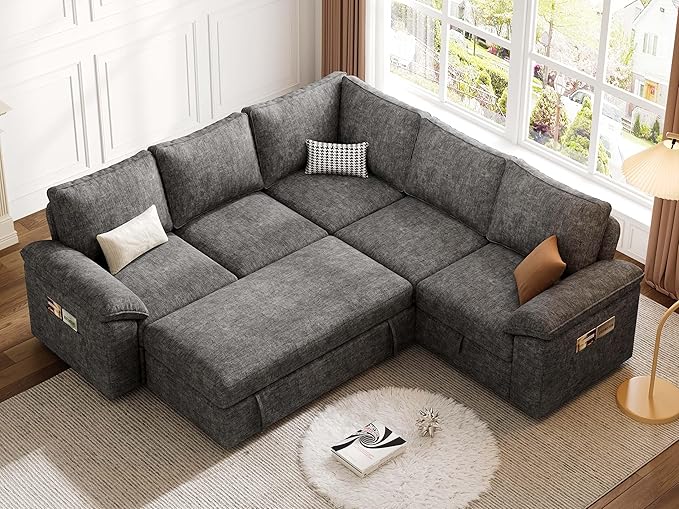 85 Inch Modular Sectional Sofa with Pull Out Bed,L Shaped 5 Seat Sectional Sleeper Sofa with Storage,Sectional Couches for Living Room,Cloud Modular Couch,Removable Sofa Cover,Dark Grey