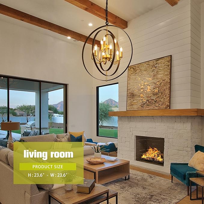 9-Light Globe Rustic Metal Chandelier, 23.6" Black Gold Adjustable Hanging Ceiling Pendant Light Fixture for Entryway Foyer Stairway Bedroom Dining Living Room Hallway