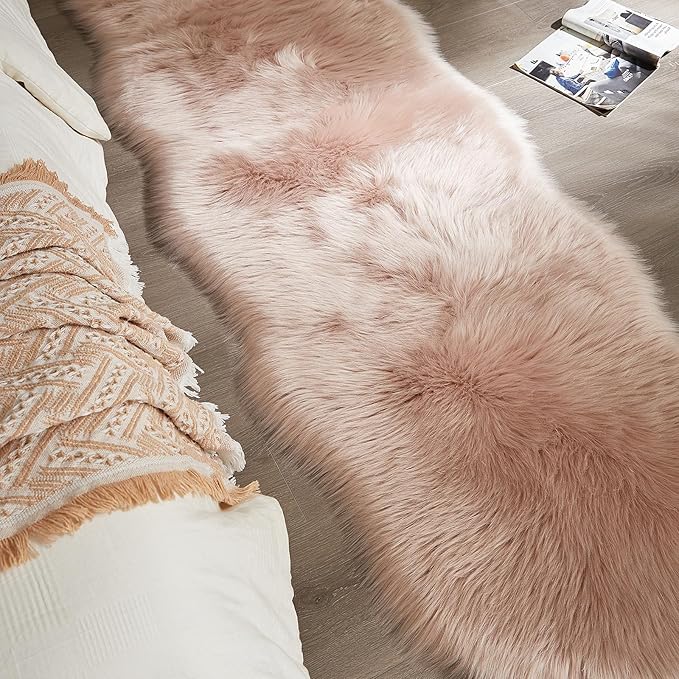 AMTOVO Faux Sheepskin Rug, Pink Ultra Soft Fluffy Shag Area Rug, 2 x 6 ft Faux Fur Rug for Bedroom Sofa Throw Cushion Room Decor, Sheepskin