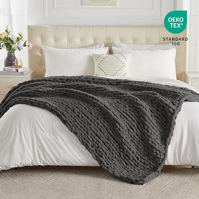 Carriediosa Chunky Knit Throw Blanket 60" X 80" Twin, 100% Hand Made Large Chenille Loop Yarn Soft Fluffy Throws for Couch Sofa Bed, Big Crochet Cozy Heavy Thick Cable Woven Blankets, Dark Grey