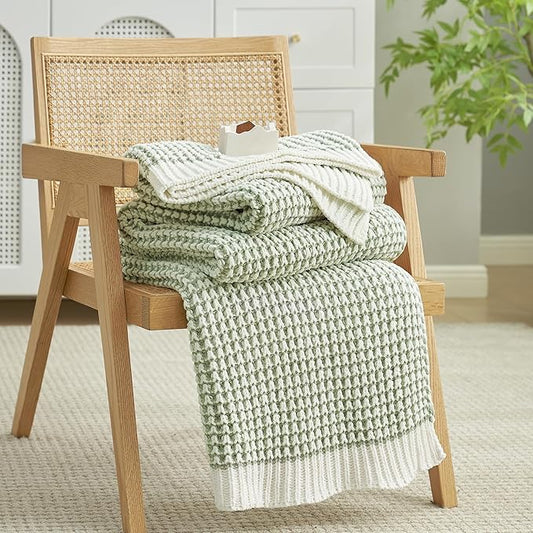 Amélie Home Chenille Waffle Throw Blanket for Couch, Reversible Pineapple Stitch Knit Soft Cozy Knit Blanket Lightweight Warm Decorative Throw for Sofa, Bed, Living Room, 50"x60", Sage Green&Ivory