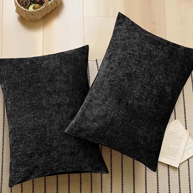 CaliTime Throw Pillow Covers Decorative 20 X 26 Inches Pack of 2 Cozy Chenille Standard Pillow Shams Cases for Couch Sofa Bed Living Room Home Black