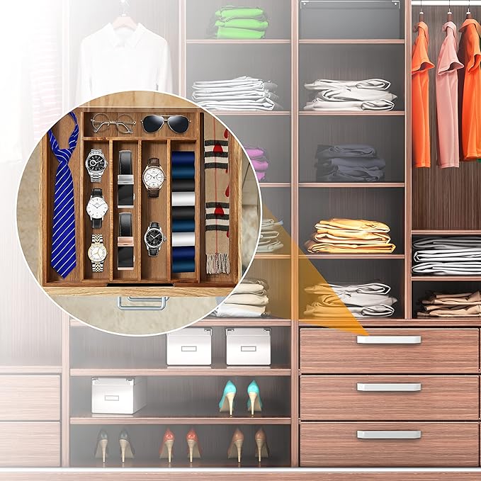 Bellsal Acacia Silverware Organizer Kitchen Drawer Organizer Expandable Bamboo Utensil Holder Cutlery Tray for Kitchen Utensil and Flatware Bedroom Office