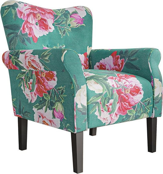 BELLEZE Modern Accent Chair, High Back Armchair, Upholstered Wingback Side Chair, Padded Single Sofa with Wooden Legs for Living Room, Bedroom - Green & Flower