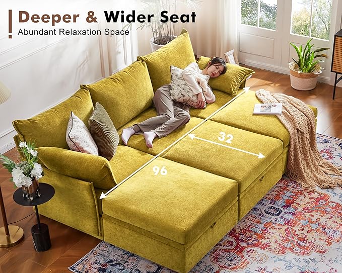 134.6" Oversized Modular Sectional Sofa, 6 Seater U Shaped Couch with Storage Ottoman with Reversible Chaise Deep Seat for Living Room, Apartment - Chenille Yellow