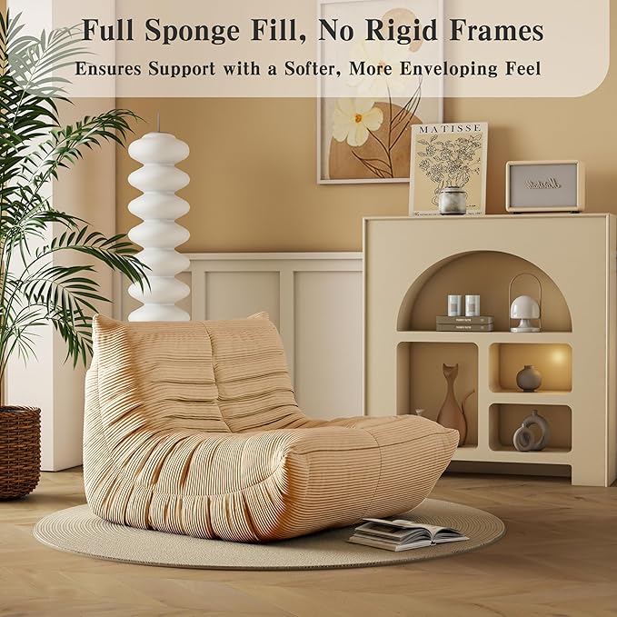 Bean Bag Chair, Lazy Floor Sofa Couch for Adults and Kids, Fireside Chair with Ergonomic Design, Memory Foam Lounge Chair for Living Room Bedroom, Office, Yellow