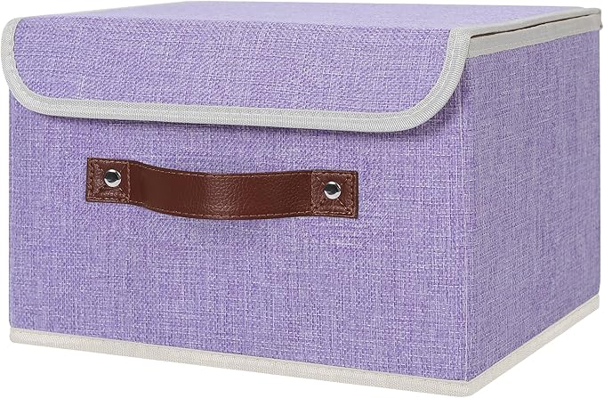 ANMINY 4PCS Storage Bins with Lid PU Leather Handles Storage Boxes PP Plastic Board Decorative Foldable Lidded Cotton Linen Fabric Home Cubes Baskets Closet Organizer Containers - Purple, Small Size