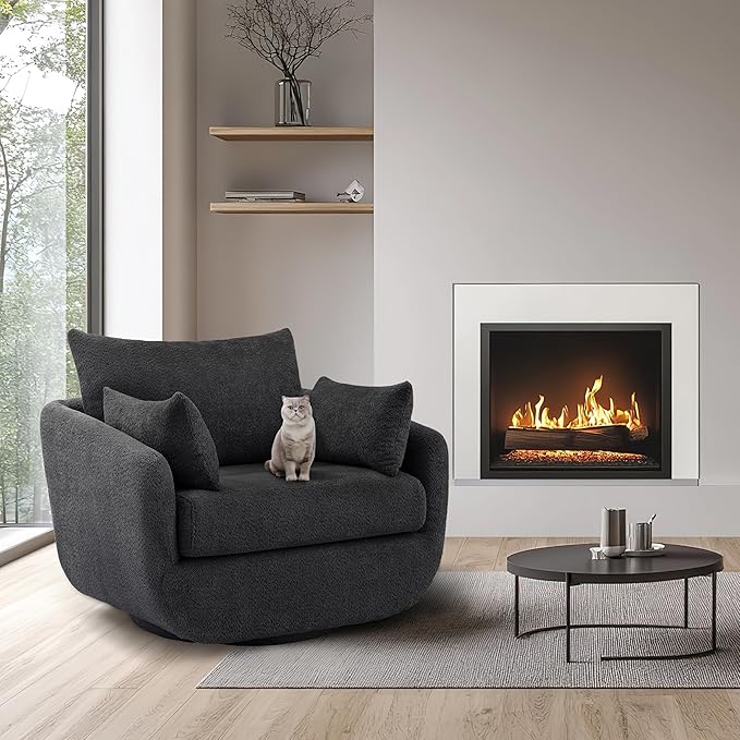 360° Swivel Accent Armchair, 39.3" Oversized, Sherpa Boucle Fabric Sofa Chair with Removable Back & Arm Pillows, Swivel Chair with Cozy Soft Padded, No Assembly Required (1, Dark Gray)