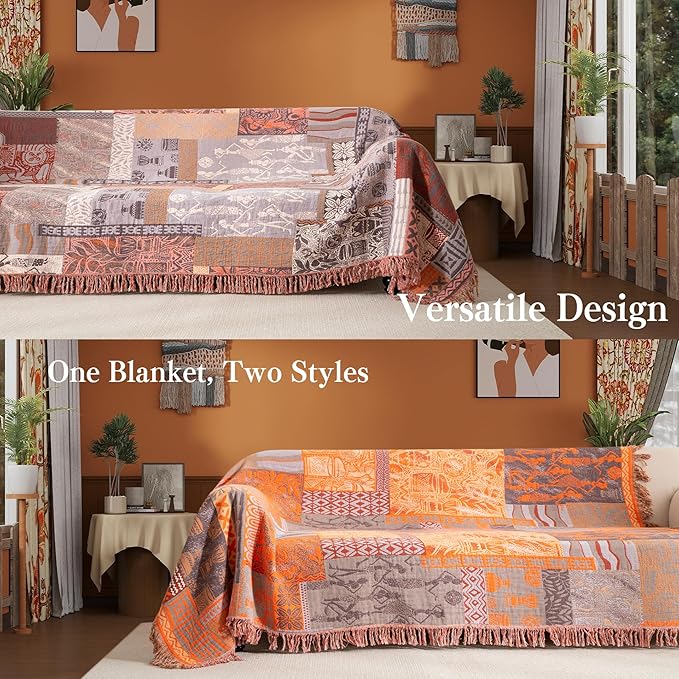 Boho Throw Blanket Full Size, Extra Large Soft Cozy Cotton Muslin Quilt Blanket for Bed Decor, Patchwork Block Couch Sofa Chair Cover, Vintage Farmhouse Cottage Woven Blanket, Red&Orange