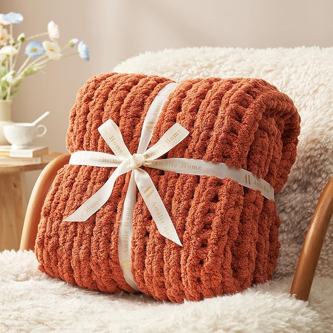 Amélie Home Chunky Knit Throw Blanket for Couch, Soft Chenille Crochet Blanket for Sofa, 50"x60", Burnt Orange