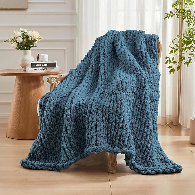 Carriediosa Chunky Knit Throw Blanket 60" X 80" Twin, 100% Hand Made Large Chenille Loop Yarn Soft Fluffy Throws for Couch Sofa Bed, Big Crochet Cozy Heavy Thick Cable Woven Blankets, Lyons Blue