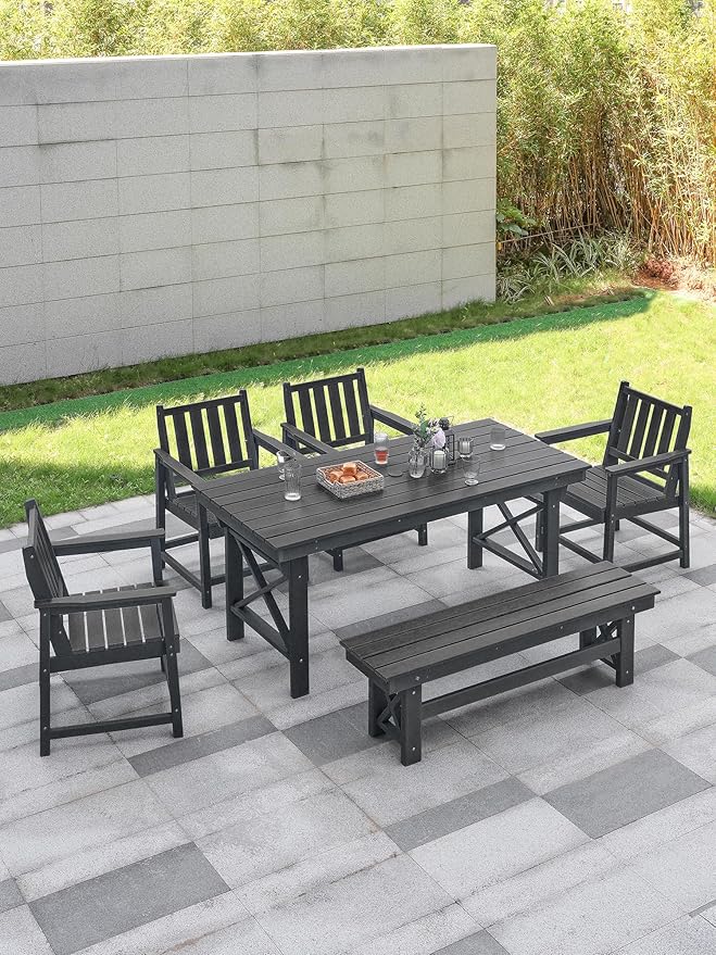 HDPE Outdoor Dining Set of 6, Patio Dining Table Set with 4 Chairs and 1 Bench, 6 Pieces HDPE Dining Set with Umbrella Hole, Outdoor Furniture Sets for Deck, Poolside, Garden, Obsidian