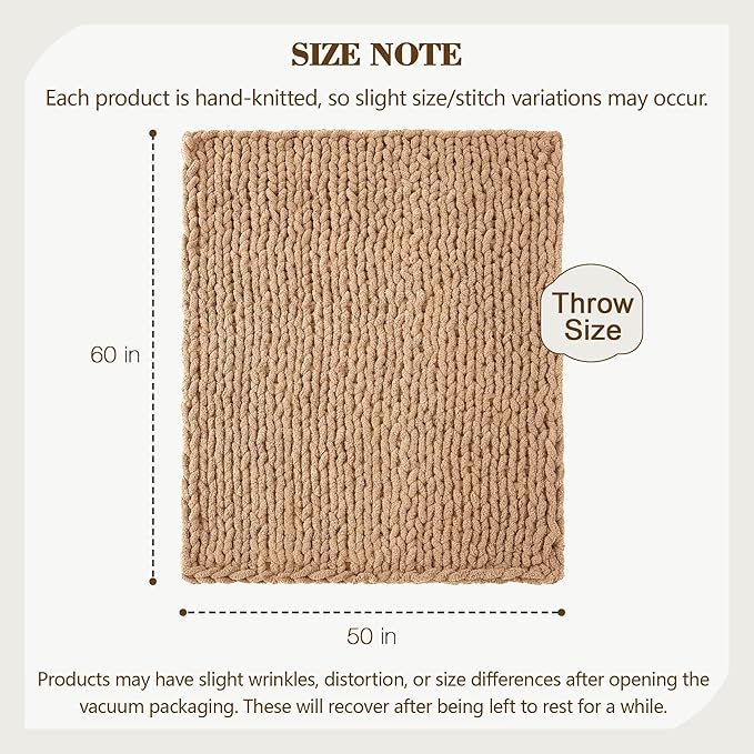 Carriediosa Chunky Knit Throw Blanket 50" X 60", 100% Hand Made Large Chenille Loop Yarn Soft Fluffy Throws for Couch Sofa Bed, Big Crochet Cozy Heavy Thick Cable Woven Blankets, Tan Brown