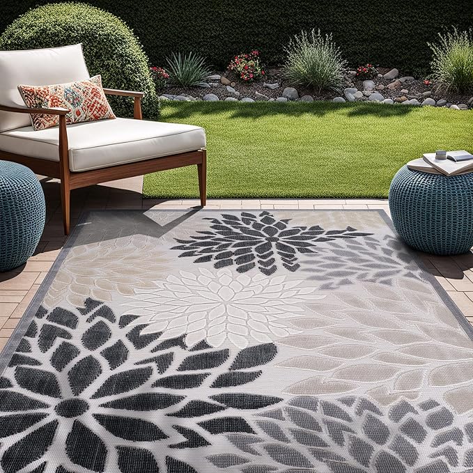 Beverly Rug Outdoor Rug 9x12 Large Modern Floral Tropical Area Rugs for Indoor and Outdoor Patio Easy to Clean Non Shedding Living Room Porch Garden Washable Outside Carpet (9 x 12 Beige)