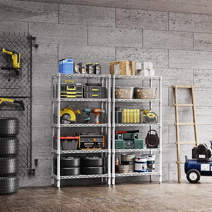 1250 lbs 5 Tier Shelf Metal Storage Shelves Wire Rack Closet Organizers for Garage Kitchen Bathroom Laundry White 11.8" D x 29.5" W x 59.5" H