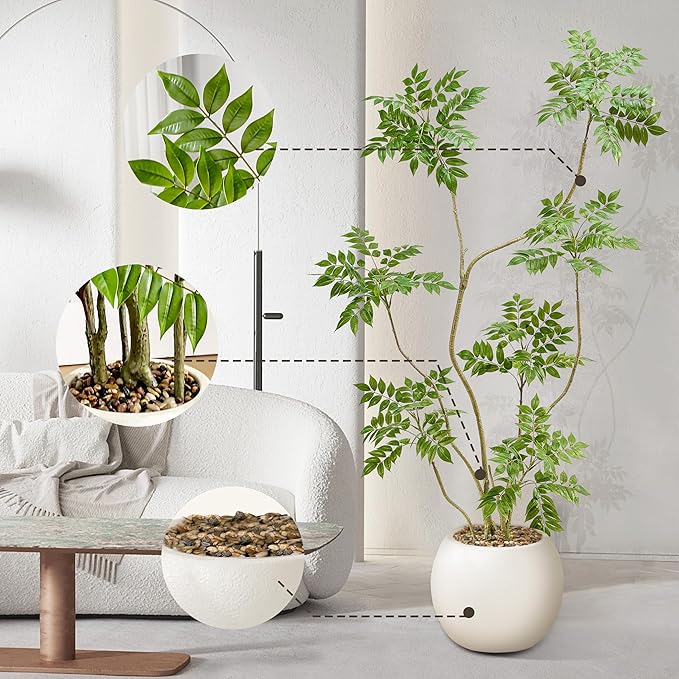 Artificial Mahonia Fortunei Tree 6ft,Tall Fake Plant Artificial Sumac Tree, Faux Plants Indoor Fake Plants Decor with Pots for Home Office Bathroom Bedroom Living Room Decorations Housewarming