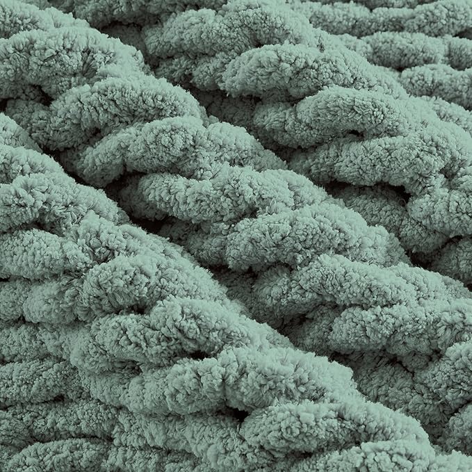 Carriediosa Chunky Knit Throw Blanket 50" X 60", 100% Hand Made Large Chenille Loop Yarn Soft Fluffy Throws for Couch Sofa Bed, Big Crochet Cozy Heavy Thick Cable Woven Blanket, Sage Green