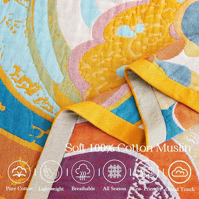Boho Throw Blanket, Lightweight Blankets for Summer, 100% Cotton Bohemian Decorative Throw Blanket, 80"x90" Reversible Muslin Breathable Woven Farmhouse Blankets Quilt,