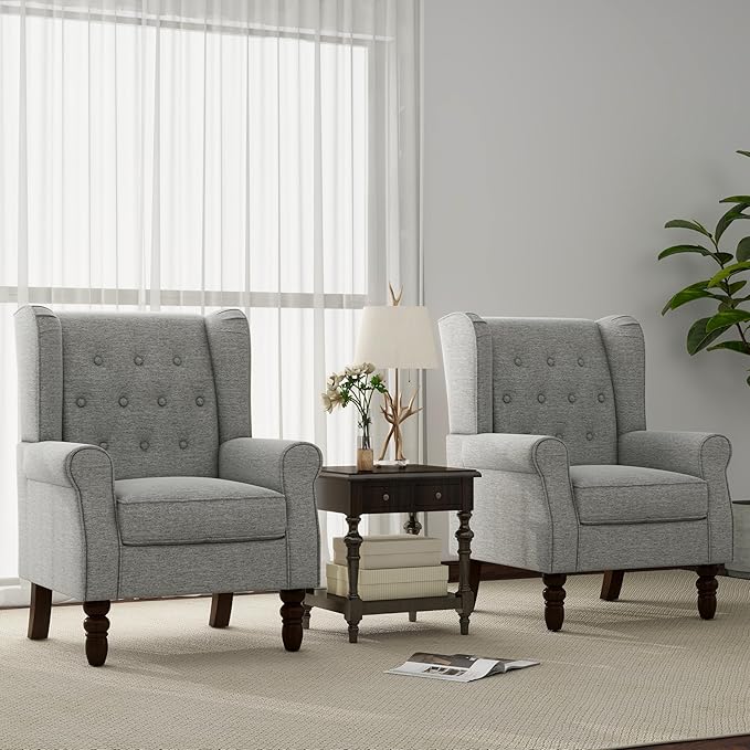 Accent Chair, Upholstered Armchair with Button Tufted High Back & Solid Wood Legs, Comfy Wingback Reading Single Sofa Chair for Small Spaces, Living Room, Bedroom (Light Grey, Set of 2)