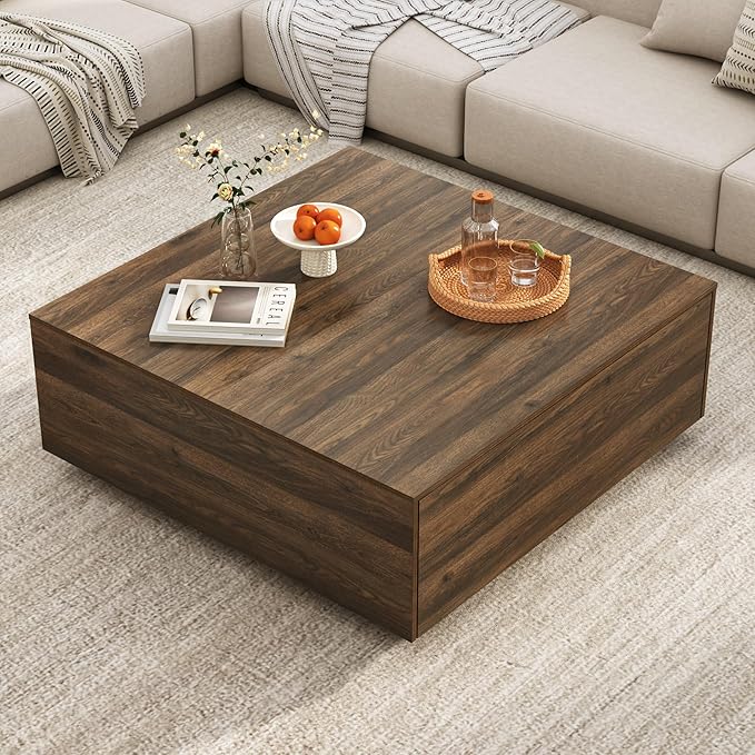 43” Square Coffee Table with Storage, Modern Large Square Center Table with 2 Drawers, Wood Coffee Table for Living Room, Walnut
