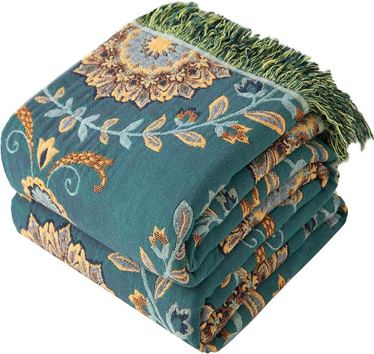 Boho Throw Blanket Twin Size, Soft Cozy Cotton Muslin Quilt Blanket for Bed Decor, Floral Patterned Couch Sofa Chair Cover, Vintage Farmhouse Cottage Tapestry Woven Blanket, Green&Beige