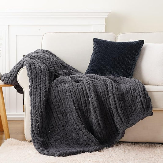 Battilo Chunky Knit Throw Blanket, Soft and Thick Chenille Throw Blanket, 50"x60" Handmade Cable Knit Crochet Blanket, Large Rope Knot Throw Blankets for Couch Sofa Bed Home Decor, Grey