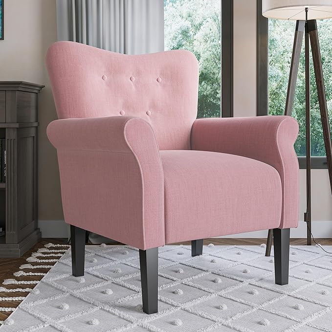 BELLEZE Modern Accent Chair for Living Room, High Back Armchair with Wooden Legs, Upholstered Wingback Side Chair Padded Armrest Single Sofa Club Chair for Living Room, Bedroom - Allston (Pink)