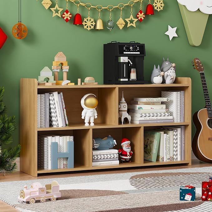 Book Shelf, 5 Cubes Storage Organizer, Open Shelf Wooden Bookcase, Freestanding Log Bookshelf Cube Shelf for Bedroom, Living Room, Home Office