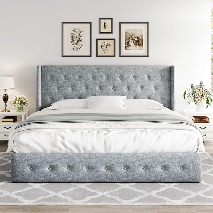 Allewie King Size Lift Up Storage Bed, Button Tufted Headboard with Wingback, Hydraulic Support, No Box Spring Needed, Grey Blue