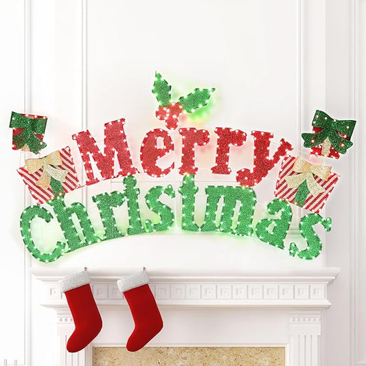 6FT Merry Christmas Sign for Decoration, 2-in-1 Pre-Lit Holiday Greeting Sign Decor with 456 LED Lights, Freestanding or Hanging Glittered Holiday Display for Outdoor, Indoor