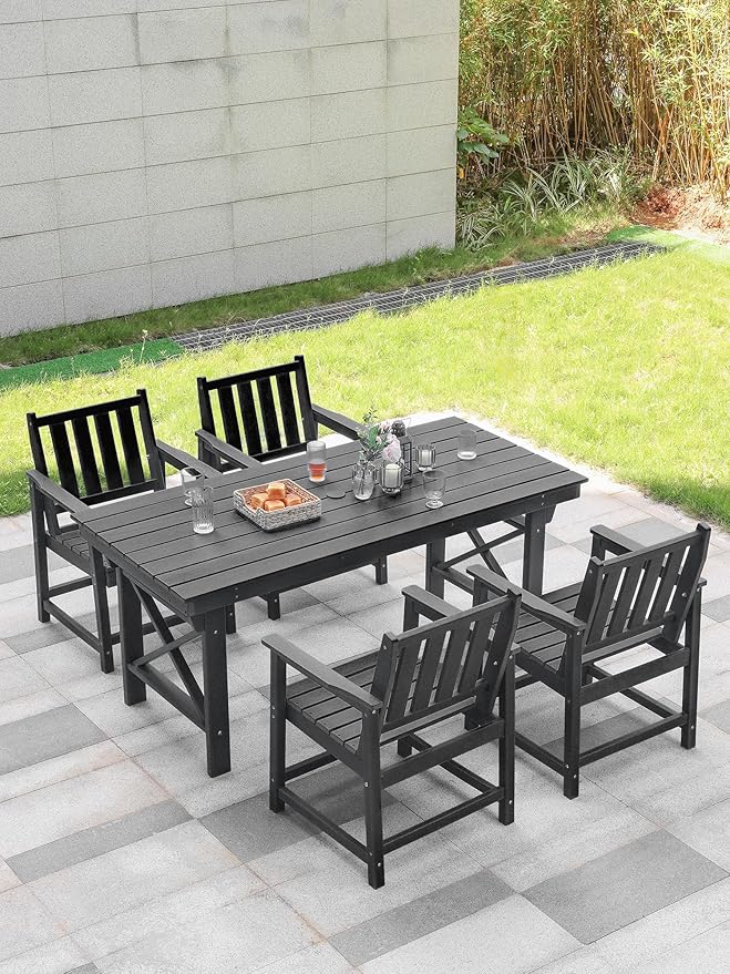HDPE Patio Dining Set, 5-Piece Outdoor Table and Chairs with Umbrella Hole, Modern Outdoor Dining Set for 4, HDPE Outdoor Patio Furniture Dining Sets for Deck, Poolside, Porch, Obsidian