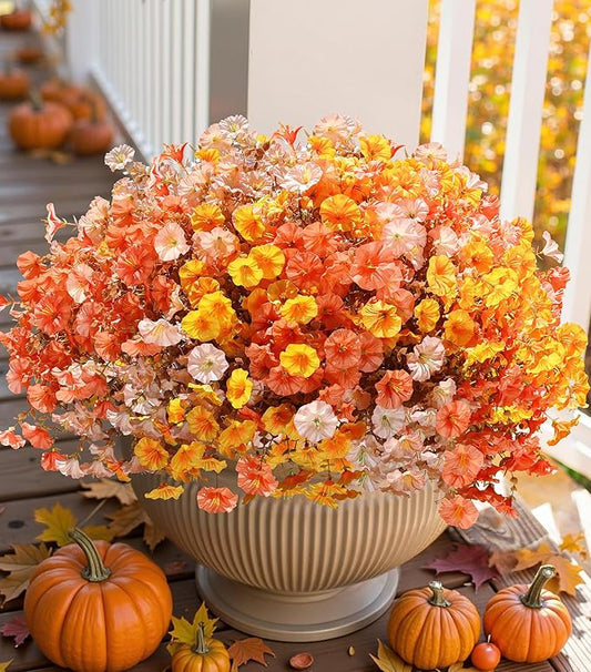 Artificial Mums for Outdoors Fake Fall Flowers Plants for Autumn Decoration, 12 Bundles Silk Morning Glory with Eucalyptus Look Real UV Resistant Faux Mums for Outside Planters Yard Patio Porch, Mix