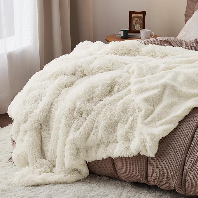 Bedsure GentleSoft Fluffy Cream Throw Blanket Decorative Blankets for Bed Couch Sofa, Cream Decor Sherpa Fleece Soft Cozy Fuzzy Plush Thick Warm Faux Fur Decorations, Ivory Baby Girl Gifts, 50x60