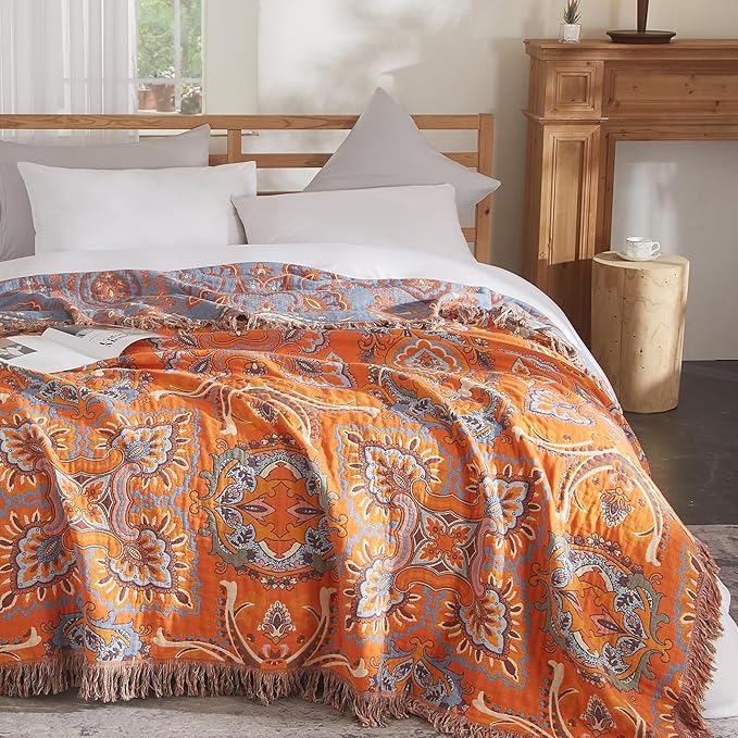 Boho Throw Blanket for Couch Sofa Bed, 100% Cotton Woven Quilt with Tassel 80”x90”, Super Soft Muslin Blanket with Oriental Universe Printed, Decorative Reversible Bed Blanket/Cover for All Seasons