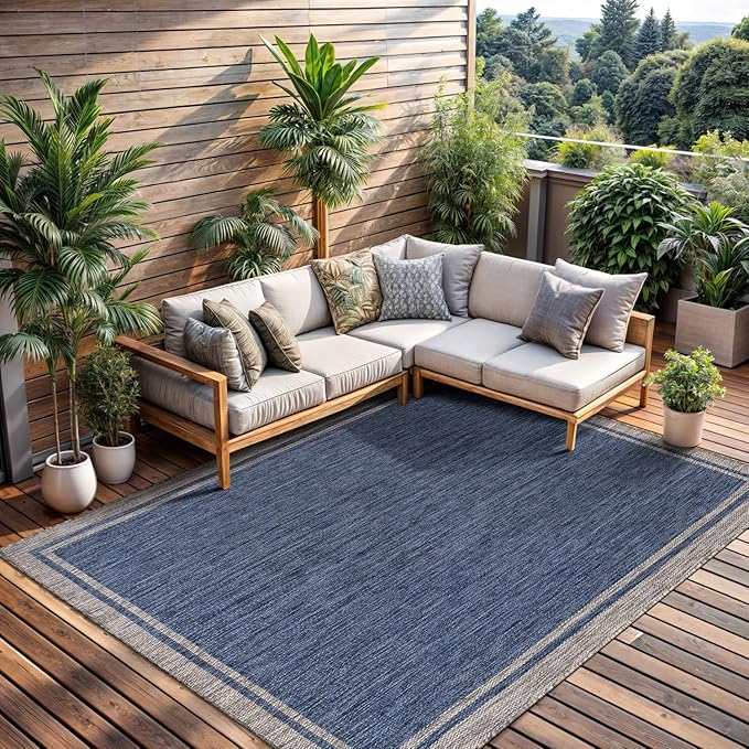 CAMILSON Outdoor Rug, 6x9 Bordered Navy Blue Gray Modern Area Rugs for Indoor and Outdoor Patios, Porches Waterproof Washable Porch Deck Outside Carpet (Bordered Navy, 6 x 9)