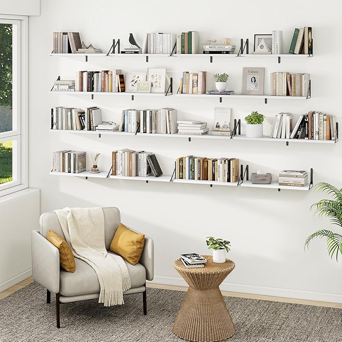 Heimlove 48 Inch Large Floating Bookshelves Set of 3,White Wall Mounted Bookshelves,Heavy Duty Wooden Shelves for Living Room,Bedroom,Kitchen,Laundry Room Storage & Decor