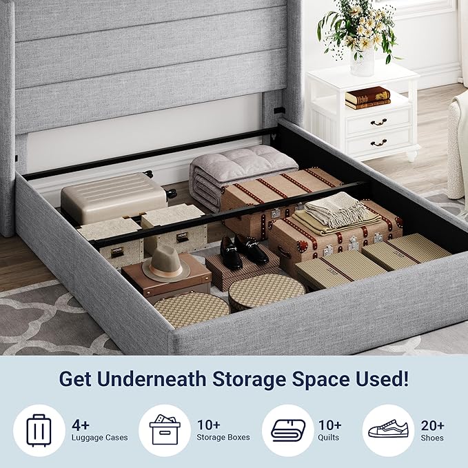 Allewie Full Size Lift Up Storage Bed, Modern Wingback Headboard, Hydraulic Support, No Box Spring Needed, Light Grey