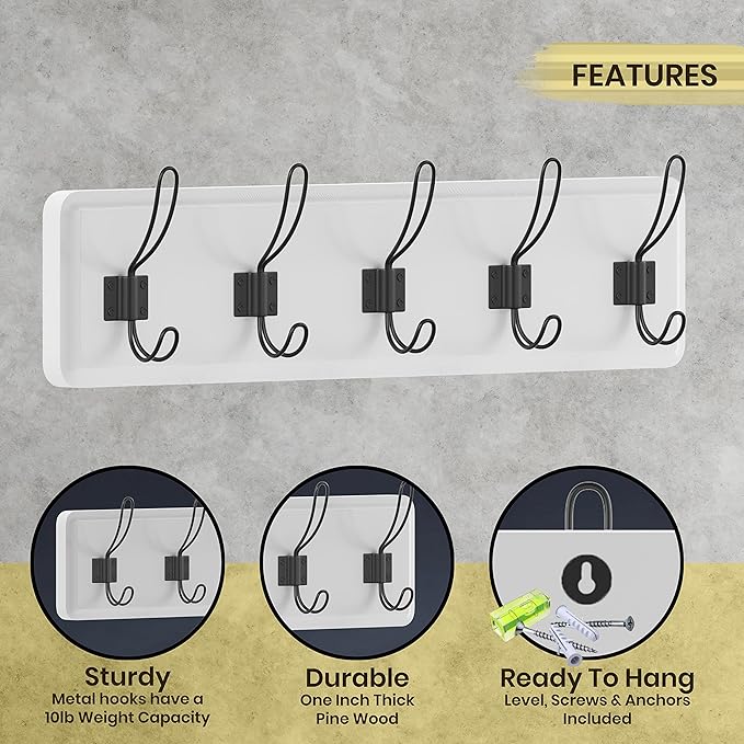 HBCY Creations White Solid Wood Wall Mounted Coat Rack with Shelf, 5 Hooks, 24" Long - Kitchen, Mudroom, Entryway, Bathroom - Includes Mounting Hardware, Coat Hanger, Dog Leash Hooks, Towel Rack