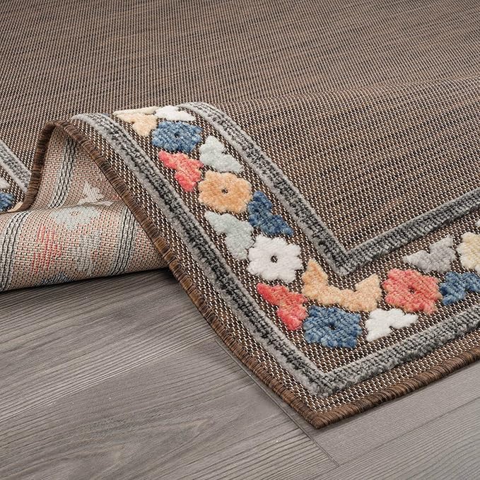 Beverly Rug Outdoor Rug 5x7 Modern Bordered Area Rugs for Indoor and Outdoor Patio Easy to Clean Non Shedding Living Room Porch Garden Washable Outside Carpet (5 x 7 Brown)