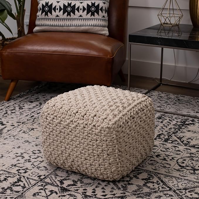 BIRDROCK HOME Square Pouf Ottoman | Cotton Braided Foot Stool with Bean Bag Filling | Boho Foot Rest for Living Room, Bedroom | Compact & Comfortable Seating, Lightweight & Sturdy | Natural