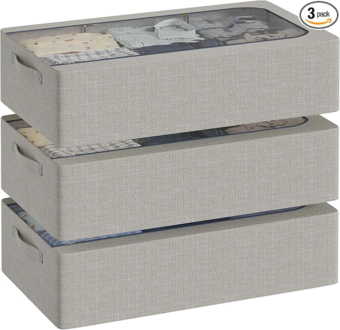 3PCS Under Bed Storage Bins with Metal Frame, Linen Fabric Frame Storage Box Clothes Organizer Bins, Underbed Container with Clear Window (Light Grey, 15.7 x 13 x 6IN)