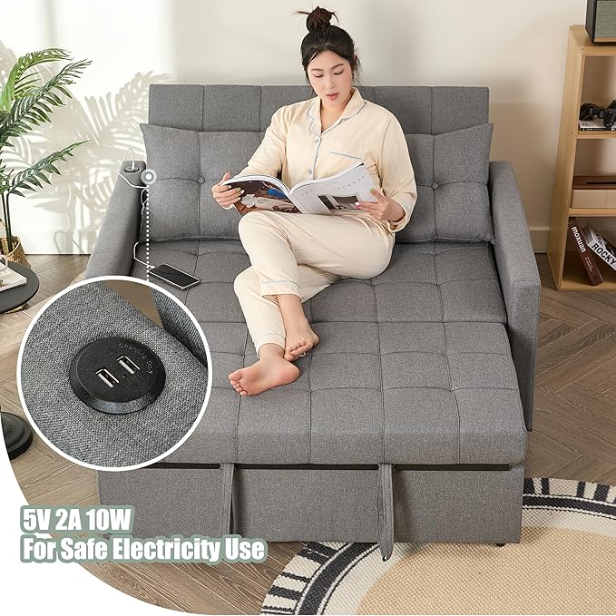 52" Sleeper Sofa with Pull-Out Bed, 3-in-1 Convertible Sofa Bed, Loveseat with Stepless Adjustable Backrest and Side Pocket, for Living Room Dorm Apartment, Linen, Light Gray