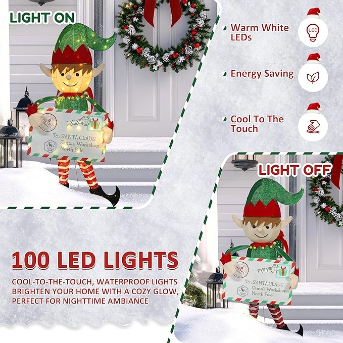 4.8FT Lighted Elf with Envelope Outdoor Christmas Decoration, 3D Pre-Lit Elf Decor with 100 LED Lights for Christmas, Freestanding Glittered Holiday Display for Outdoor, Indoor